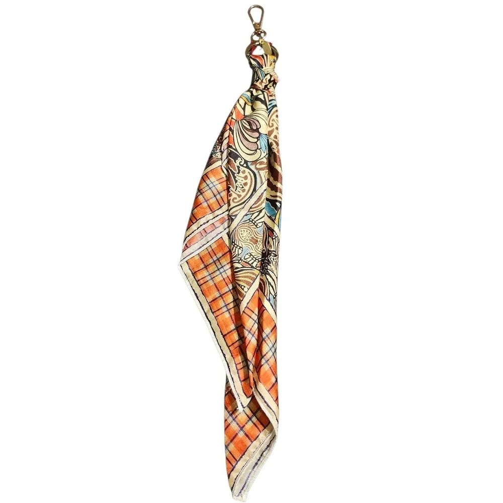 Johnny‎ Was Silk Scarf Bag Charm Keychain Orange Plaid Paisley Boho NWT